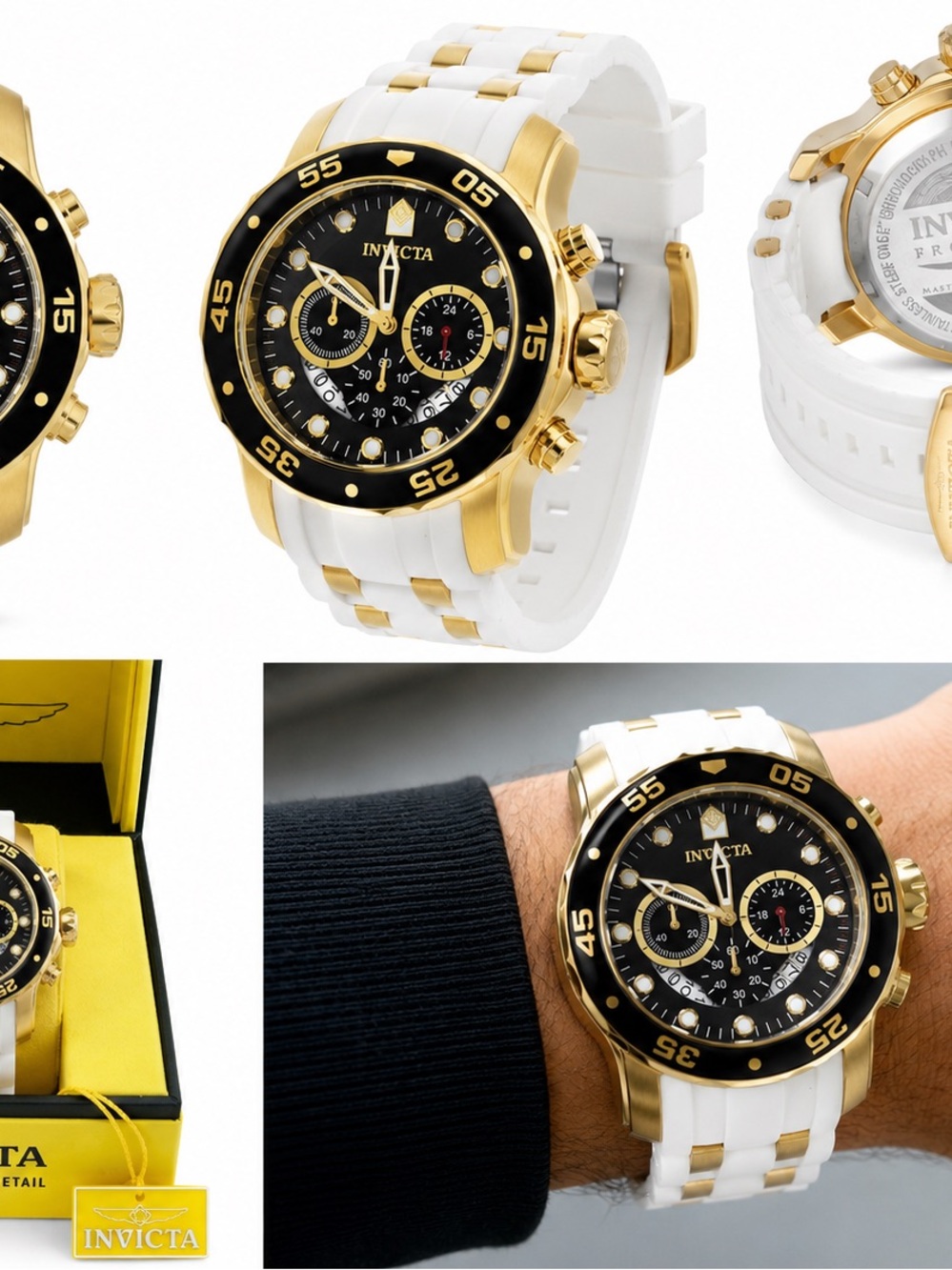 Invicta Men's Gold-Tone Black Dial Chronograph Watch with White Strap